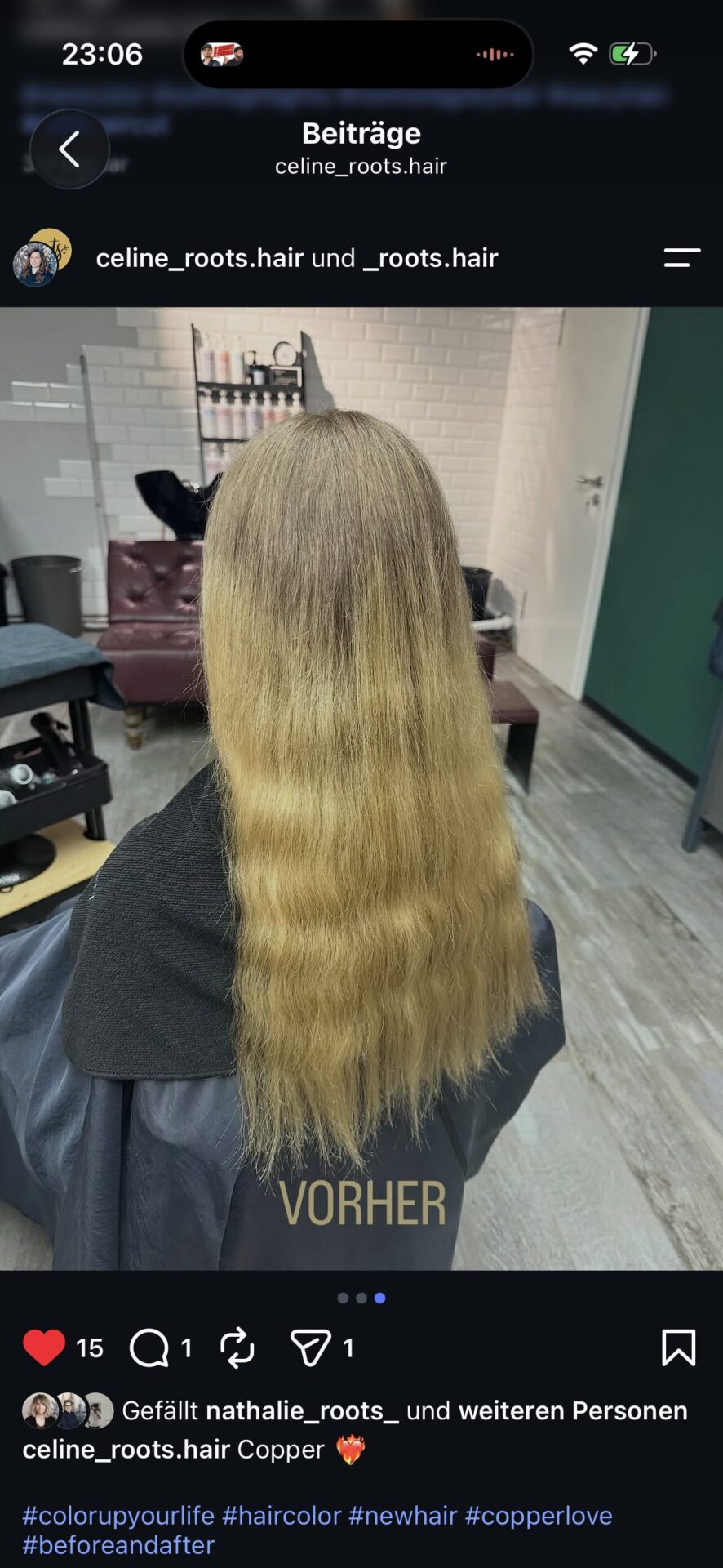 Vorher-Aufnahme vor der Copper-Farbveränderung von Celine bei roots hair